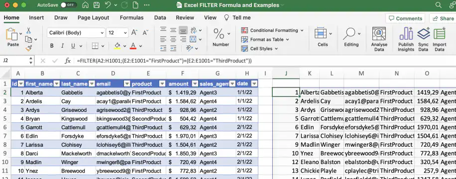 FILTER do Excel com várias condições OR — registros de FirstProduct e ThirdProduct retornados a partir da célula J2