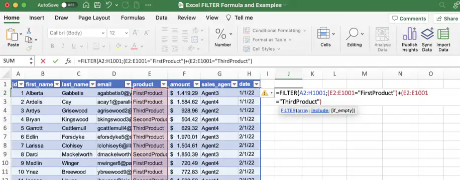 FILTER do Excel com várias condições OR — sinal de mais unindo as condições de FirstProduct e ThirdProduct