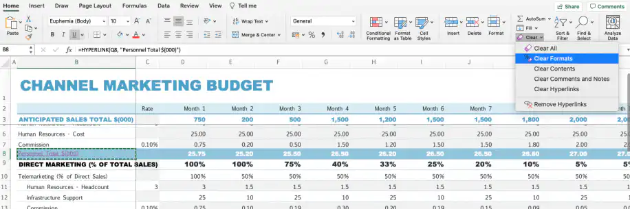 Limpar hiperlinks no Excel — menu Limpar da guia Página Inicial com Limpar Formatos, Limpar Hiperlinks e Remover Hiperlinks