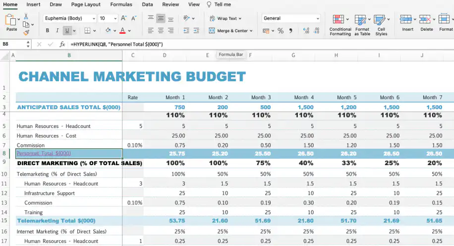 Fórmula HYPERLINK do Excel para outra célula — barra de fórmulas com Q8 e o nome amigável Personnel Total $(000)