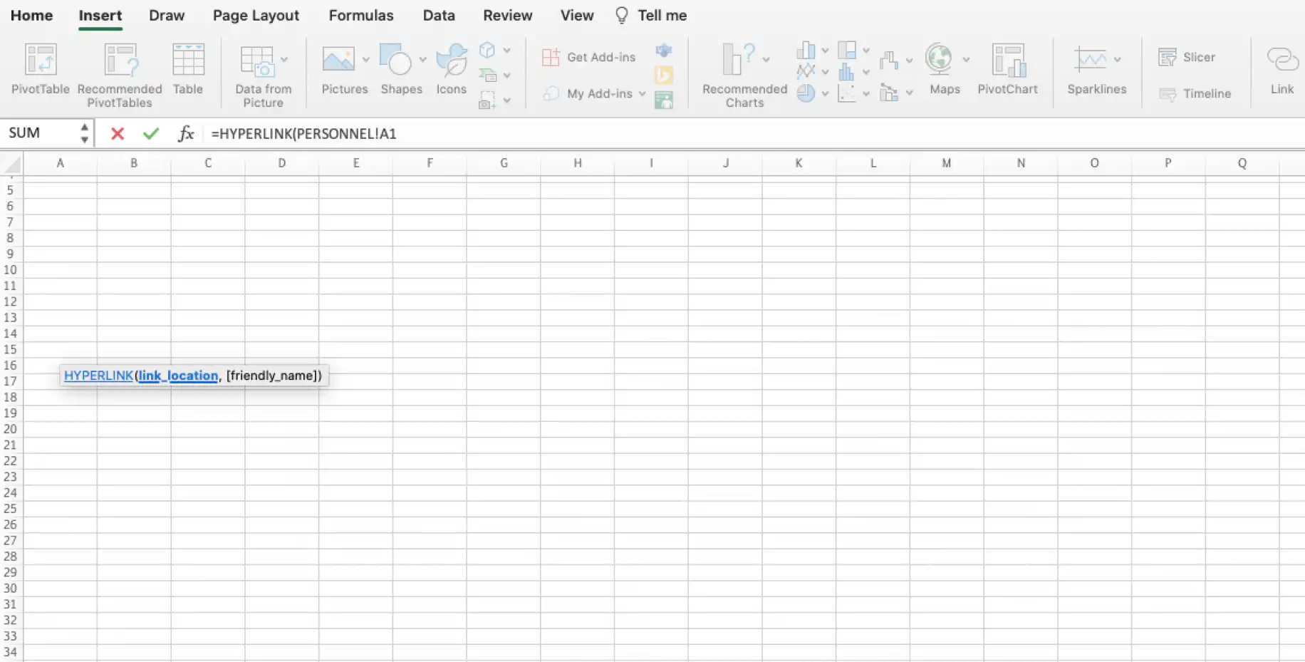 Fórmula HYPERLINK do Excel — barra de fórmulas mostrando PERSONNEL!A1 como local do link