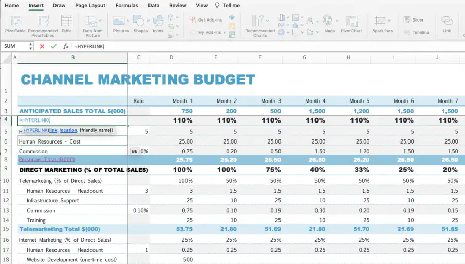 Fórmula HYPERLINK do Excel — HYPERLINK digitado na célula com a dica de link_location e friendly_name