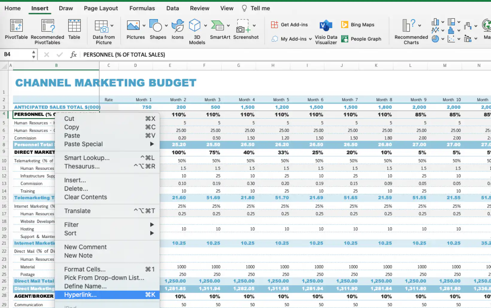 Inserir hiperlink no Excel — menu de contexto da célula selecionada com Link destacado