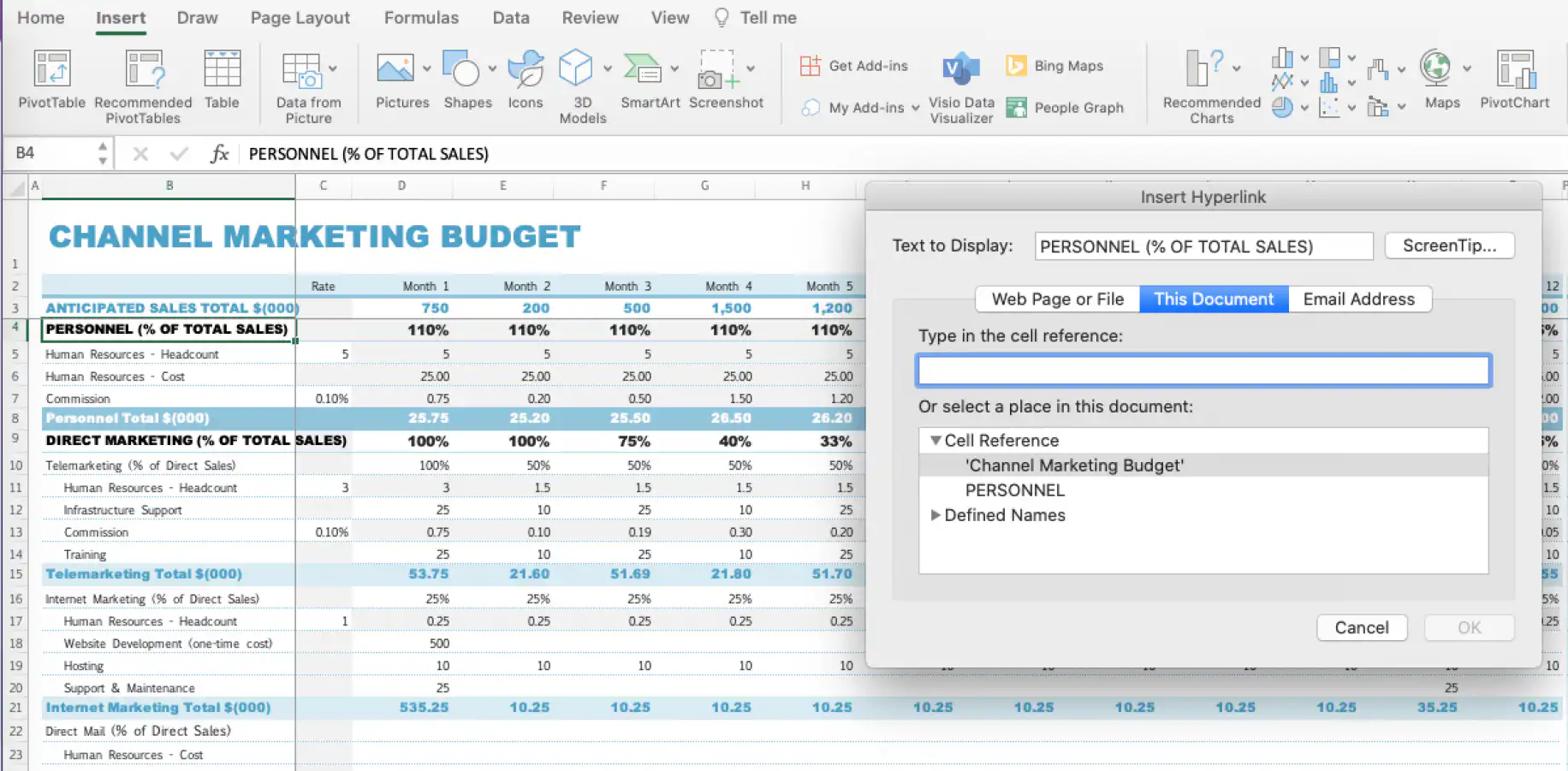 Caixa de diálogo de hiperlink do Excel — janela Inserir Hiperlink com a guia Colocar neste documento selecionada
