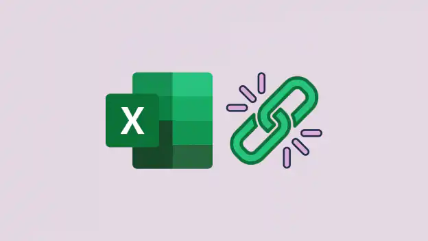 Hiperlink no Excel — logotipo verde do Excel ao lado de um ícone verde de corrente em um fundo roxo-claro
