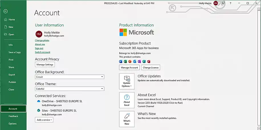 Excel locked for editing — Account page showing Microsoft 365 Apps for business under Product Information