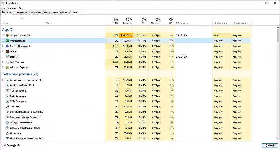 Excel file locked for editing by me — Microsoft Excel selected in Task Manager, with the End task button