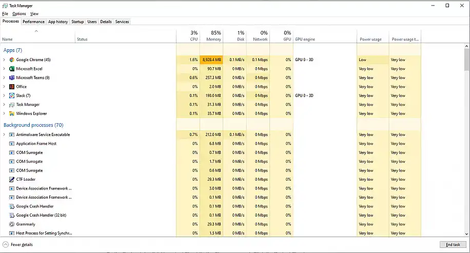 Excel file locked for editing by me — Task Manager Processes tab listing the open apps