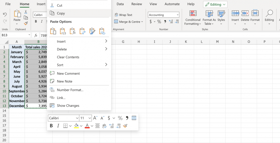 Colar Vínculo no Excel — menu de contexto com Copiar no intervalo de vendas de 2020 selecionado