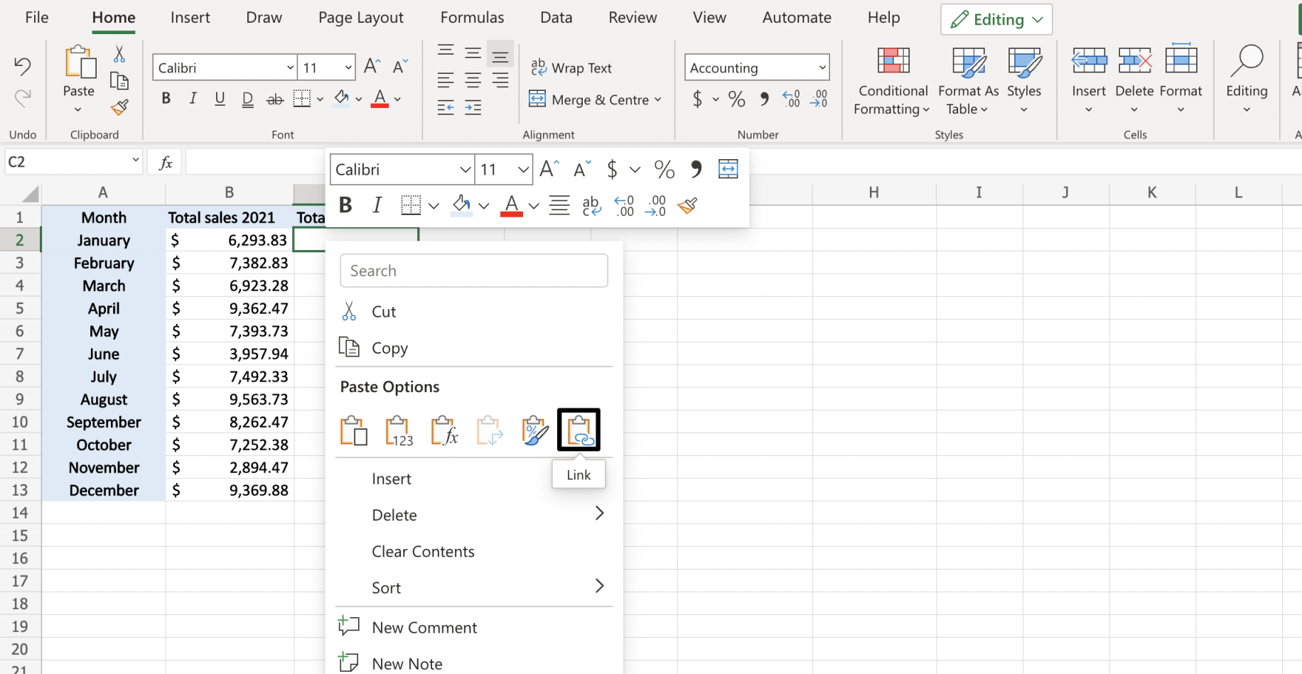 Colar Vínculo no Excel — opções de Colagem no menu de contexto com o ícone Vínculo destacado