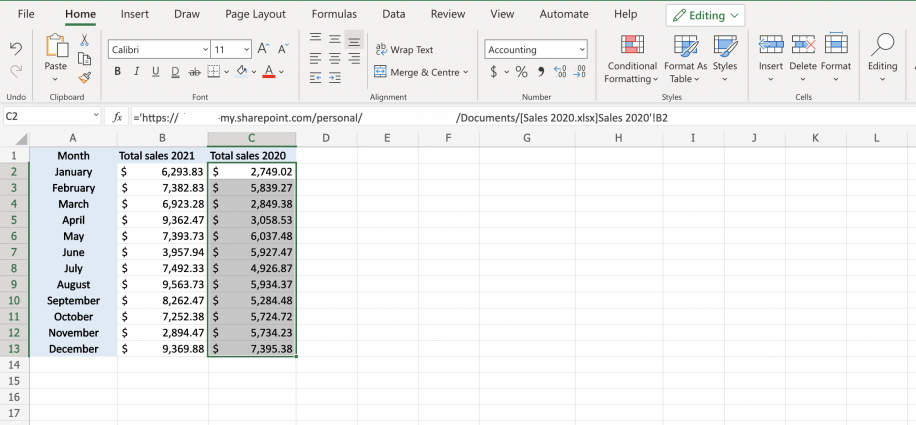 Colar Vínculo no Excel — vendas de 2020 vinculadas na coluna C com o caminho de uma pasta de trabalho do SharePoint na barra de fórmulas