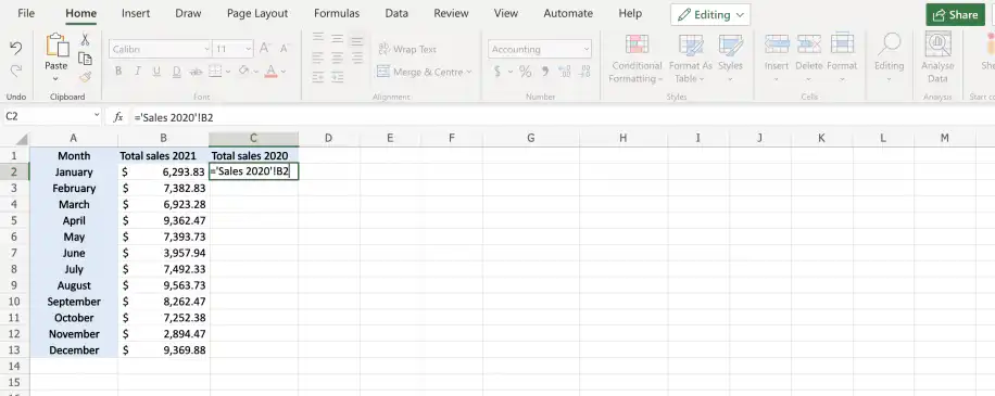 Referência a outra planilha no Excel — ='Sales 2020'!B2 digitado na célula C2 abaixo de Total sales 2020