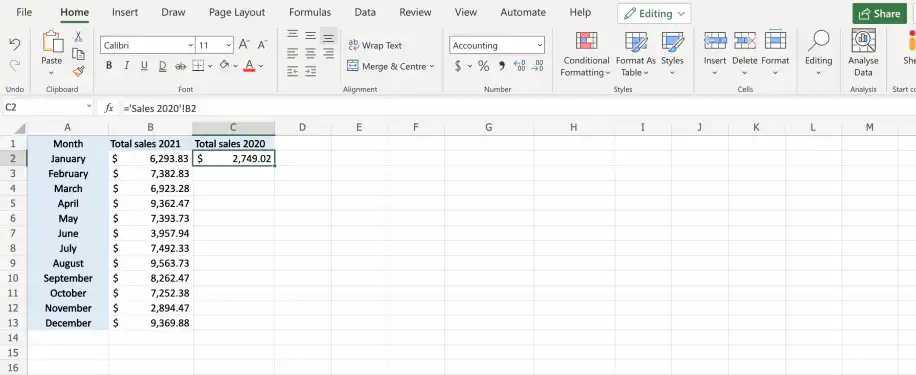 Referência a outra planilha no Excel — a célula C2 retorna o total de janeiro de 2020, $2,749.02