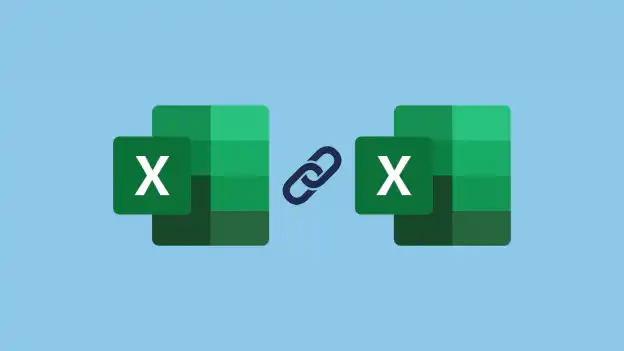 Excel reference another sheet — two Excel logos joined by a chain link on a light blue background