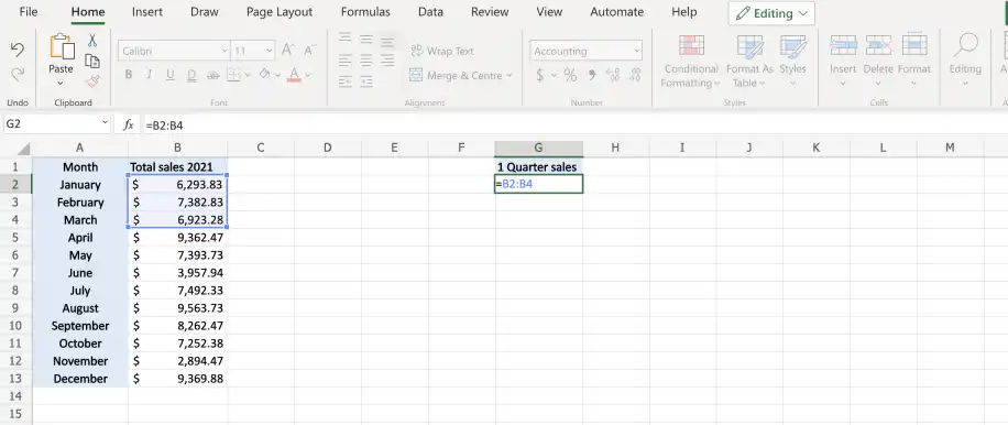 Referência a um intervalo de células no Excel — =B2:B4 na célula G2 abaixo de 1 Quarter sales, com janeiro a março selecionados