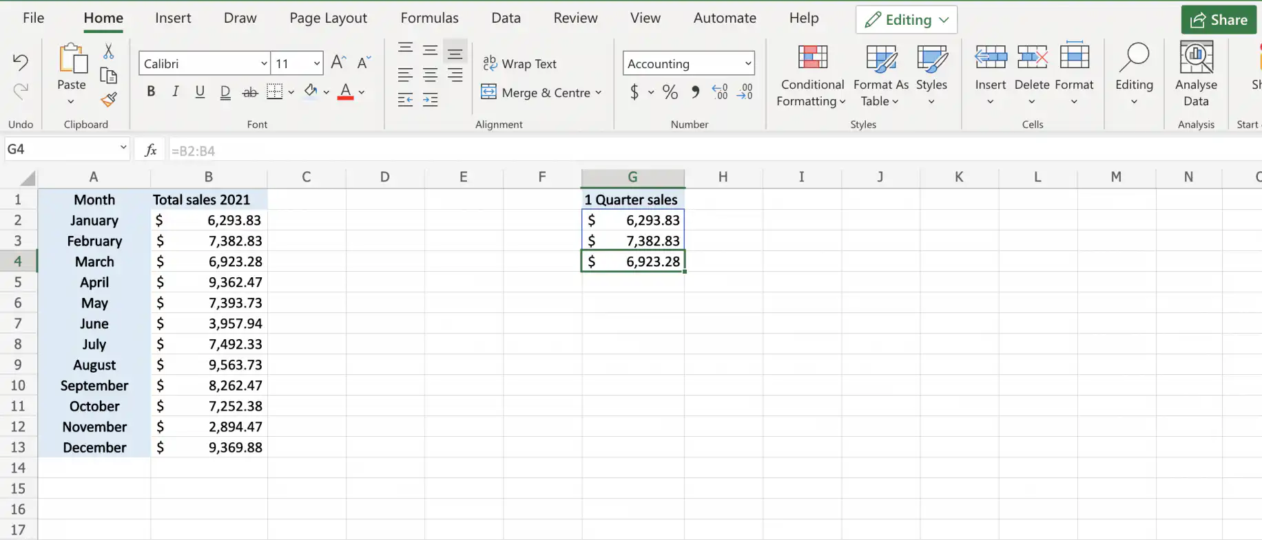 Referência a um intervalo de células no Excel — vendas de janeiro a março retornadas nas células G2 a G4