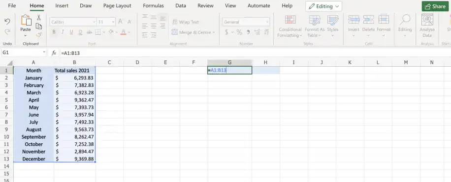 Referência a várias colunas no Excel — =A1:B13 na célula G1, com as colunas Month e Total sales 2021 selecionadas