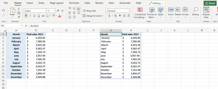 Referência a várias colunas no Excel — colunas Month e Total sales 2021 repetidas nas colunas G e H