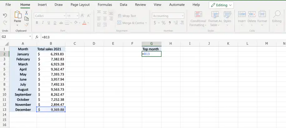 Referência na mesma planilha do Excel — =B13 digitado na célula G2 abaixo de Top month, ao lado da tabela Total sales 2021