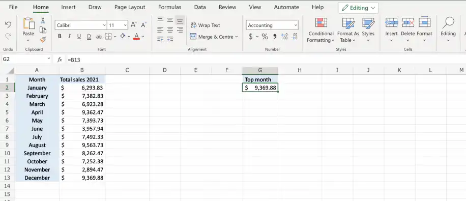 Referência na mesma planilha do Excel — a célula G2 retorna o total de dezembro, $9,369.88