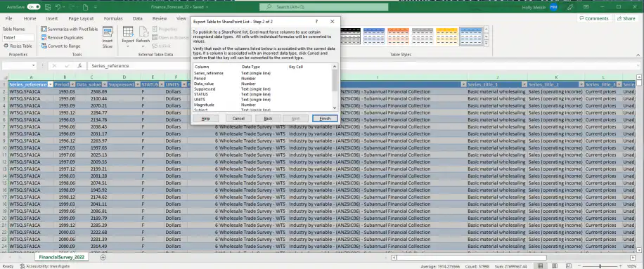 Excel to SharePoint — step 2 of 2 with column data types and the Finish button