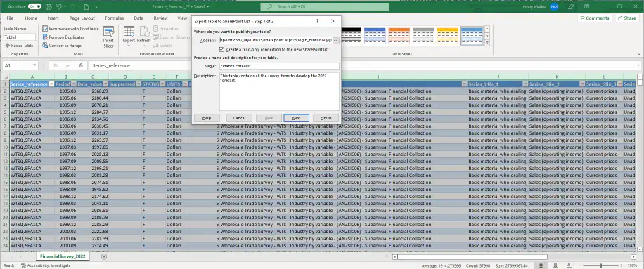 Excel to SharePoint — list Name and Description fields filled in, with the Next button