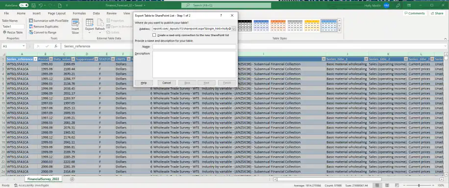 Excel to SharePoint — Export Table to SharePoint List dialog with the site address filled in