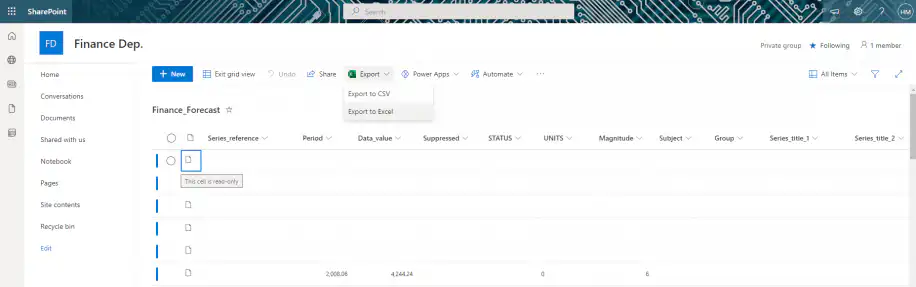 Export SharePoint list to Excel — Export menu with Export to CSV and Export to Excel