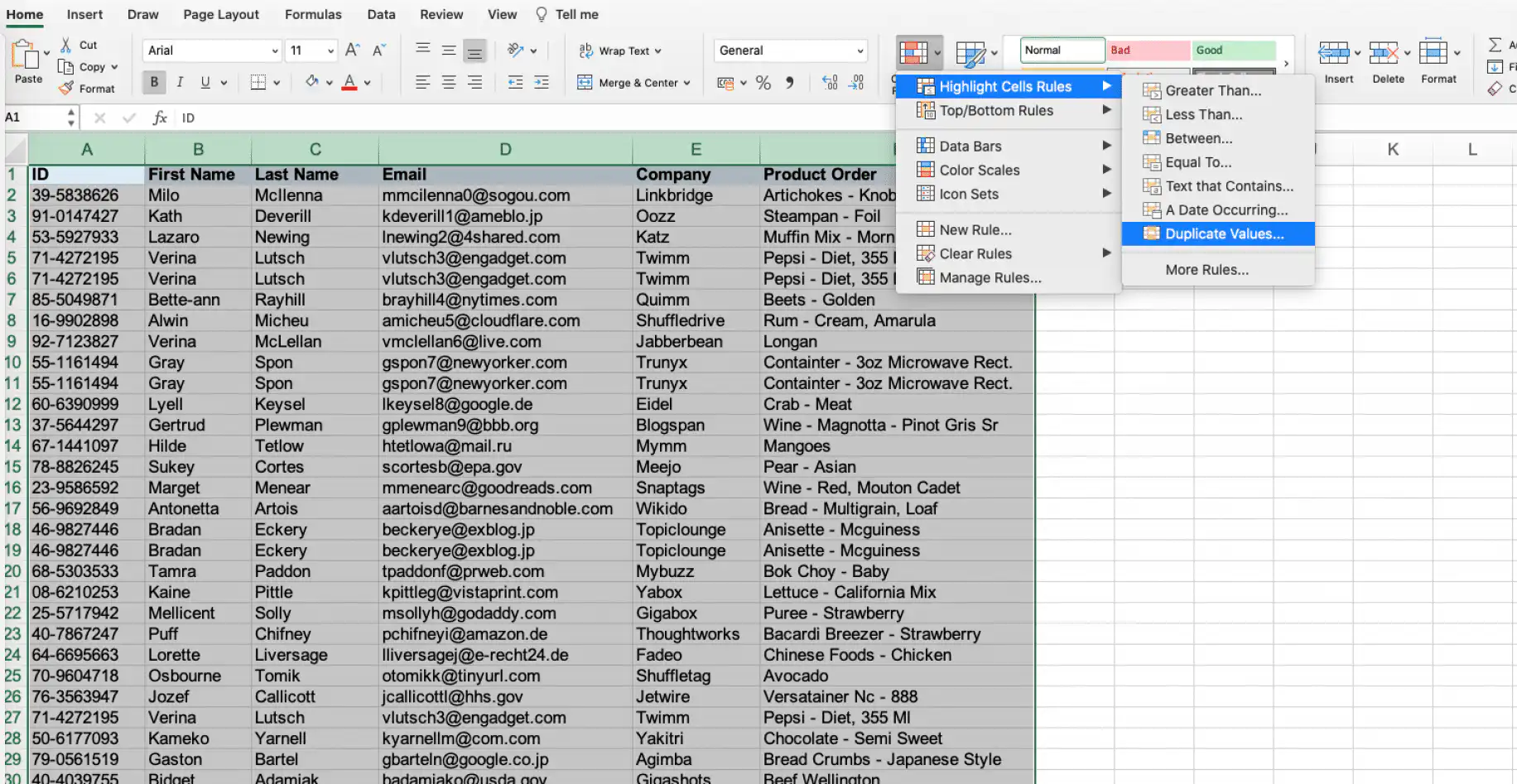 Encontrar duplicatas no Excel — menu Formatação Condicional com Realçar Regras das Células e Valores Duplicados selecionados