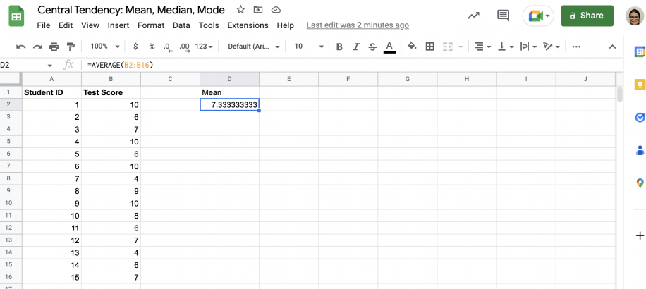 Como calcular a média no Google Sheets — a célula D2 retorna uma média de 7.333333333