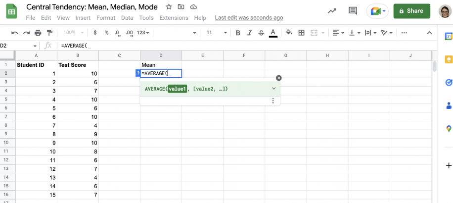 Como calcular a média no Google Sheets — =AVERAGE( digitado na célula D2 abaixo de 'Mean' com a dica AVERAGE(value1, [value2, ...])