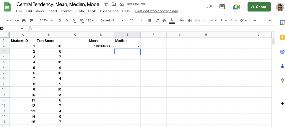 Como calcular a mediana no Google Sheets — a célula E2 retorna uma mediana de 7