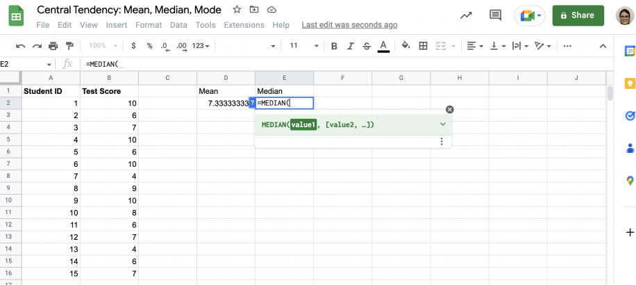 Como calcular a mediana no Google Sheets — =MEDIAN( digitado na célula E2 com a dica MEDIAN(value1, [value2, ...])