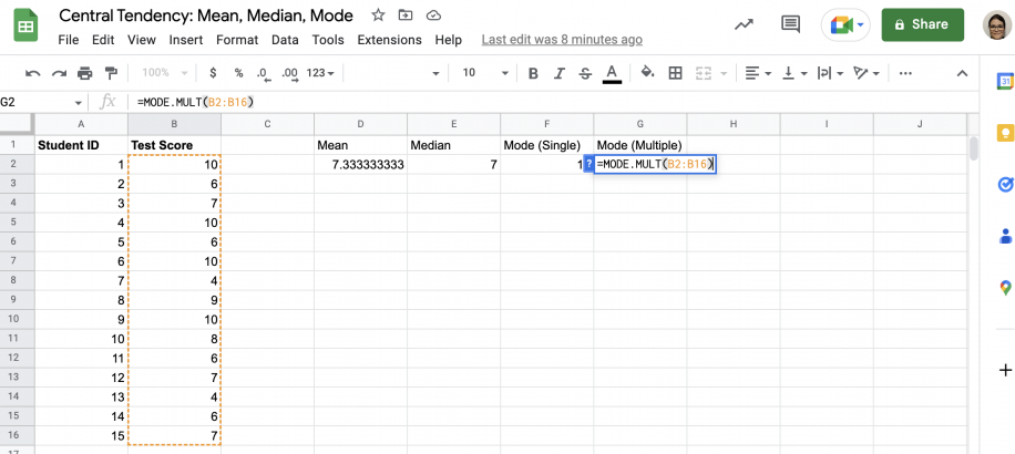 Como calcular a moda no Google Sheets — =MODE.MULT(B2:B16) na célula G2 com o intervalo 'Test Score' destacado