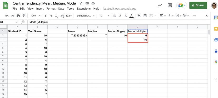 Como calcular a moda no Google Sheets — MODE.MULT retorna as duas modas, 6 e 10, nas células G2 e G3