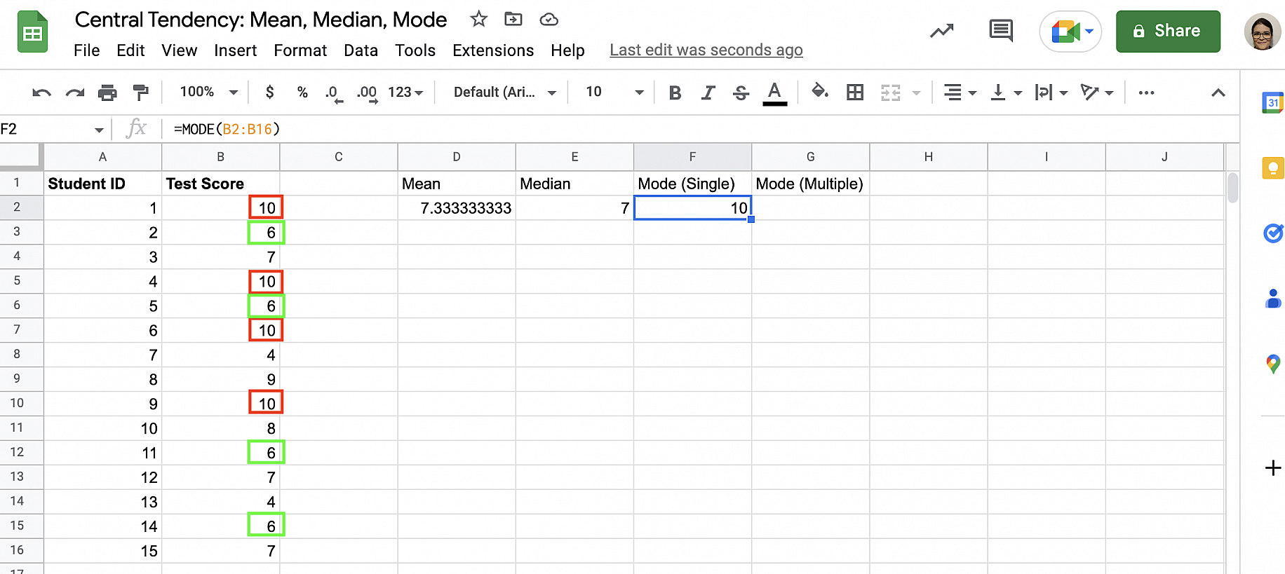 Como calcular a moda no Google Sheets — MODE retorna 10, com os 10 contornados em vermelho e os 6 em verde