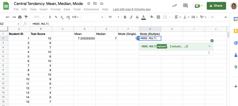 Como calcular a moda no Google Sheets — =MODE.MULT( digitado na célula G2 abaixo de 'Mode (Multiple)'