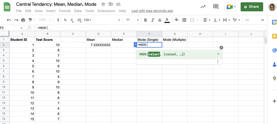 Como calcular a moda no Google Sheets — =MODE( digitado na célula F2 com a dica MODE(value1, [value2, ...])