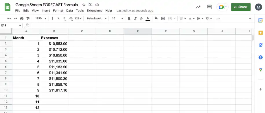 Feuilles de prévision — colonnes Mois et Dépenses avec les mois 1 à 9 remplis et les mois 10 à 12 vides