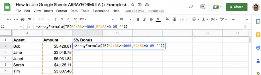 Formule matricielle dans Google Sheets — ArrayFormula autour de la formule IF avec le raccourci clavier