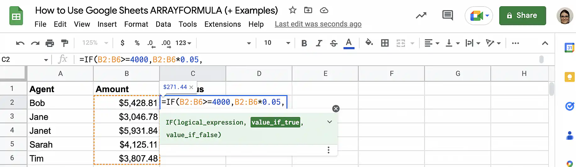 Formule matricielle dans Google Sheets — B2:B6*0.05 ajouté comme valeur si vrai