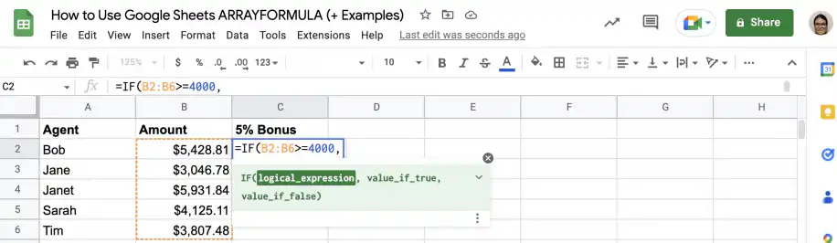 Formule matricielle dans Google Sheets — condition B2:B6 supérieur ou égal à 4000 dans la fonction IF