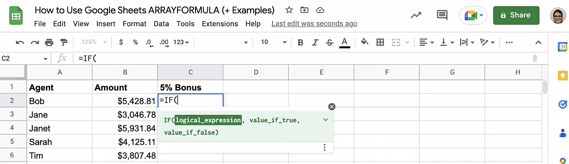 Formule matricielle dans Google Sheets — fonction IF saisie dans la cellule C2