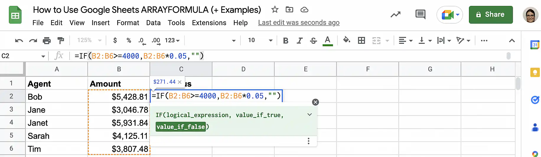 Formule matricielle dans Google Sheets — texte vide ajouté comme valeur si faux