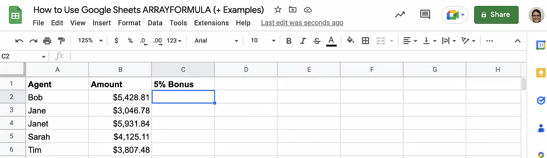 Formule matricielle dans Google Sheets — tableau Agent et Amount avec une colonne 5% Bonus vide