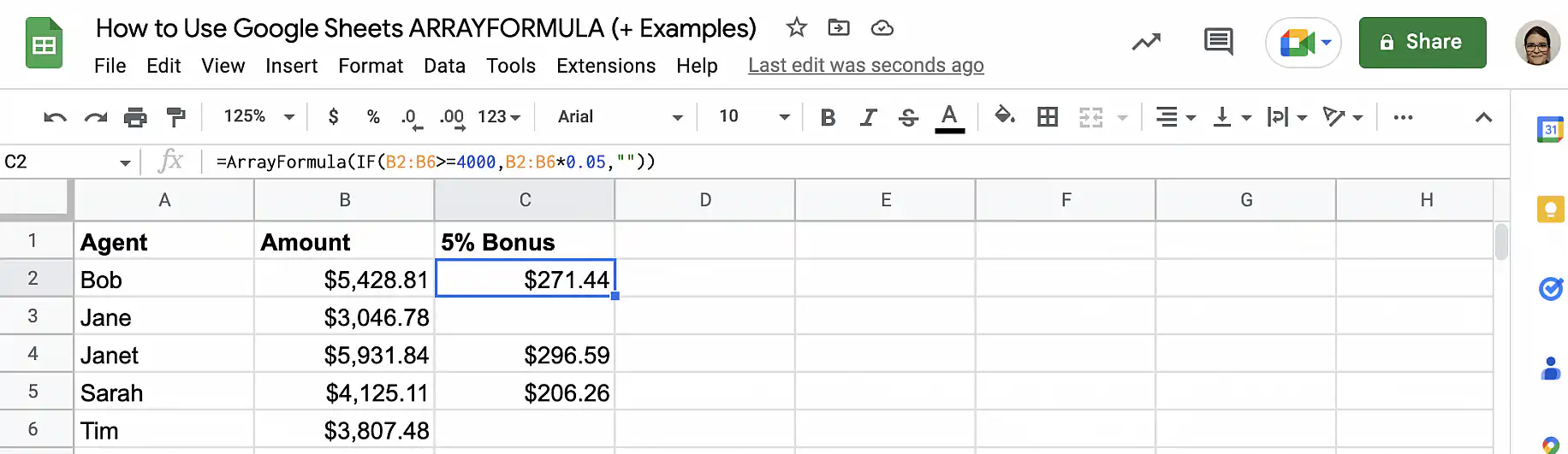 Formule matricielle dans Google Sheets — prime de 5 % pour Bob, Janet et Sarah, vide pour Jane et Tim