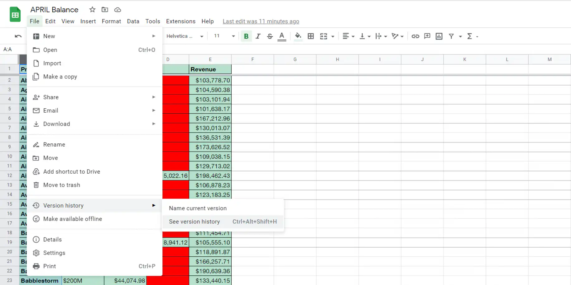 Google Sheets edit history — File menu open on Version history, with See version history and its Ctrl+Alt+Shift+H shortcut