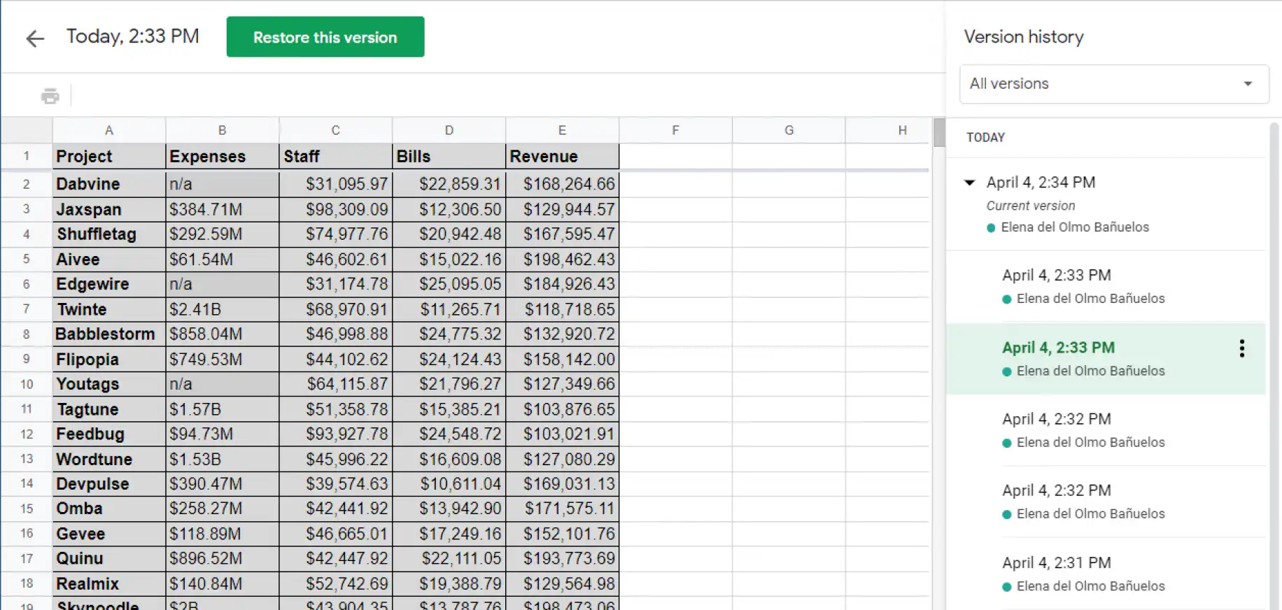 Google Sheets edit history — 2:33 PM edit selected under an expanded version, with Restore this version at the top