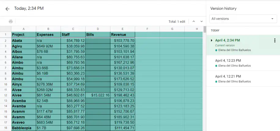Google Sheets edit history — Version history panel with the arrow next to the current April 4 version