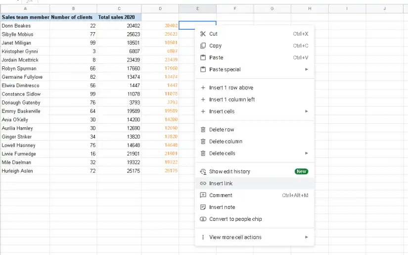 Hiperlink do Google Sheets para outra planilha — menu do botão direito com a opção Inserir link